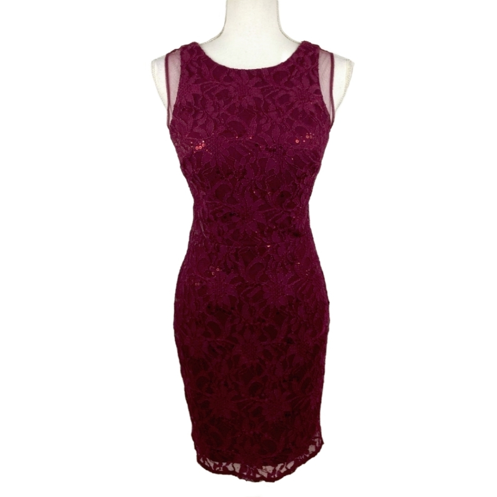Hailey Logan Sequined Lace Cocktail Bodycon Dress Mesh Cutouts Cranberry Red